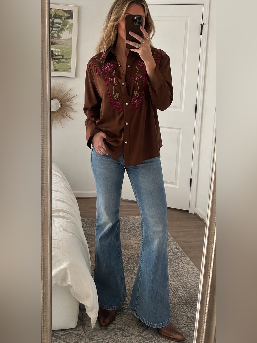 Wrangler Western Embroidered Brown Pink Floral Pearl Snap Shirt L